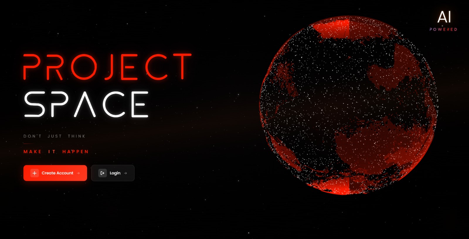 Project Space landing page — AI-powered entry point with Create Account and Login