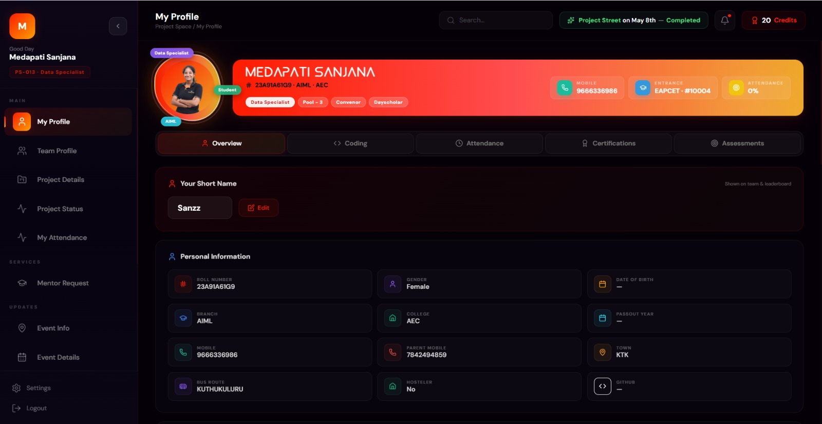 Student My Profile page showing identity, attendance and Claude credits