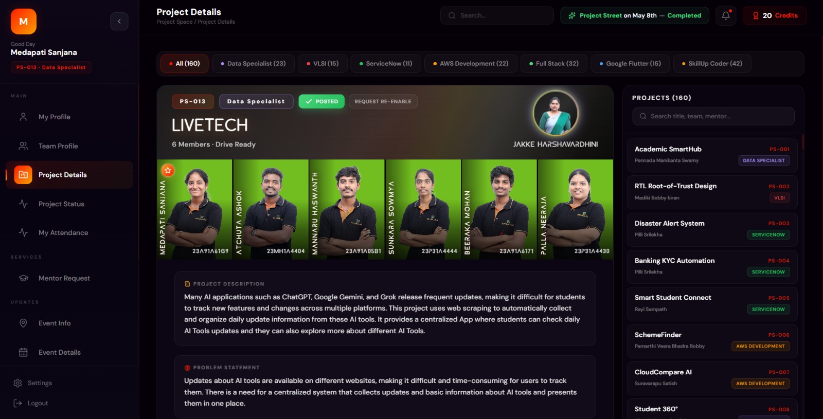 Project Details page with team banner and the 160-project directory