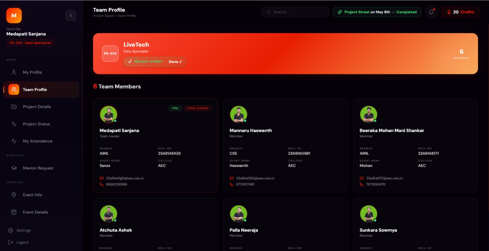 Team Profile page listing all six members of a team
